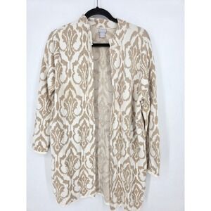 Chico's Tan White Damask Print‎ Open Front Knit Cardigan Sweater Size LARGE